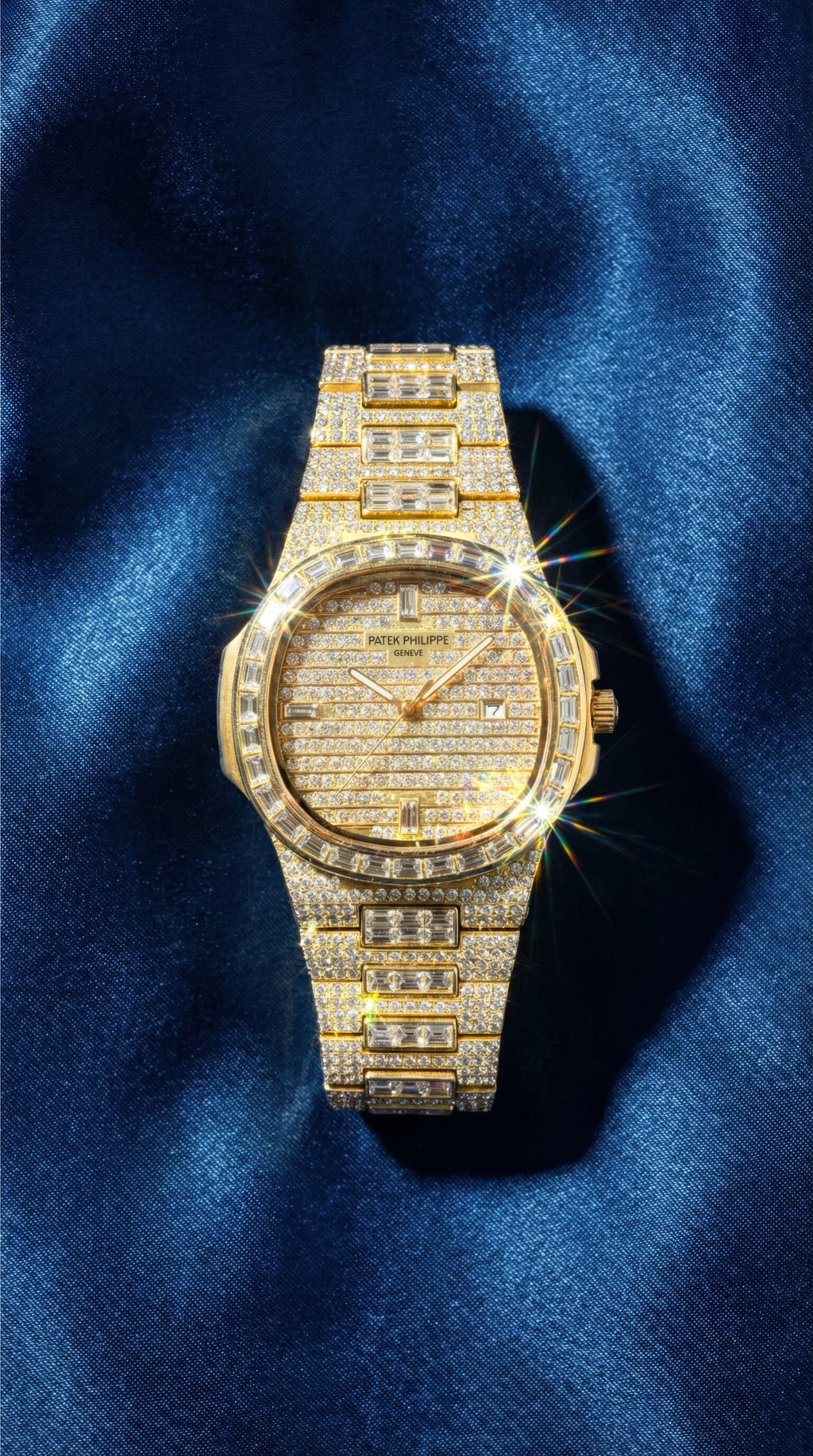 Front view of a fully flooded ICE gold diamond watch with date window and baguette cut center links. bust down piece.