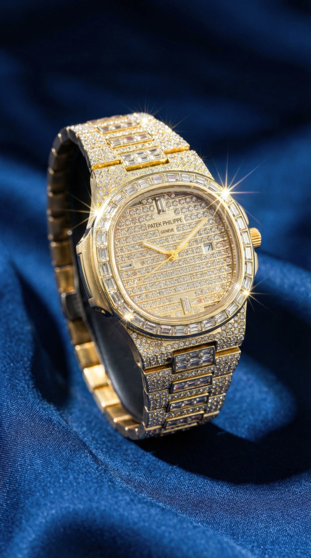 Angled view of a ICE brand old iced out watch featuring baguette bezel and micro pave set simulated diamonds on dial and bracelet