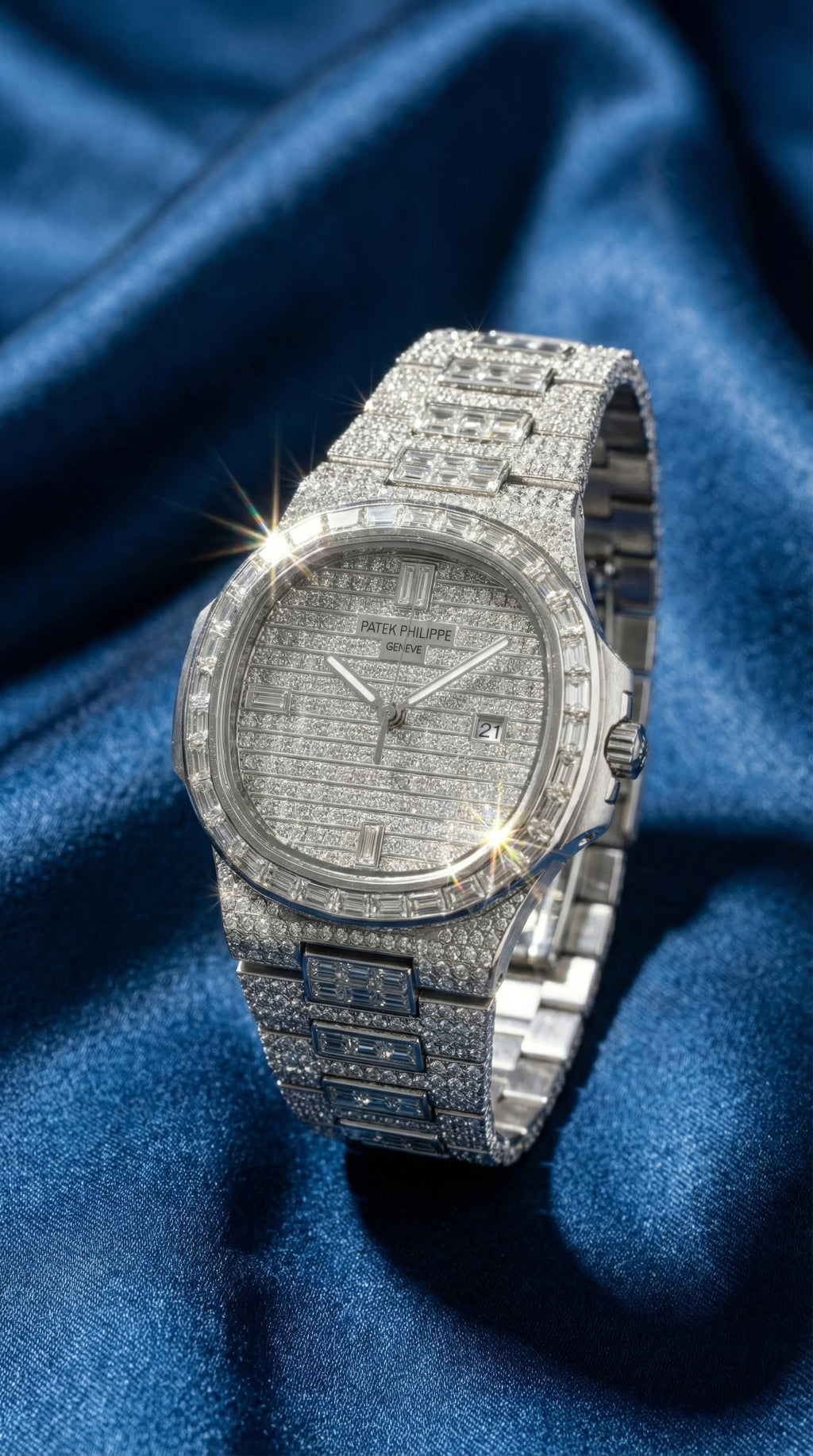 Angled view of ICE brand silver iced out watch featuring baguette bezel and micro pave set simulated diamonds on dial and bracelet.