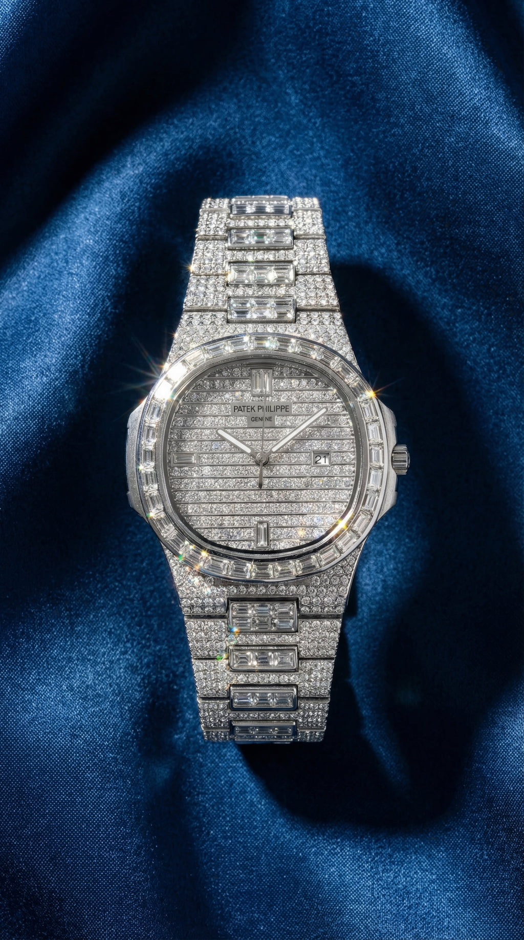 front view of a fully flooded ICE silver diamond wrist watch with date window and baguette cut center links.